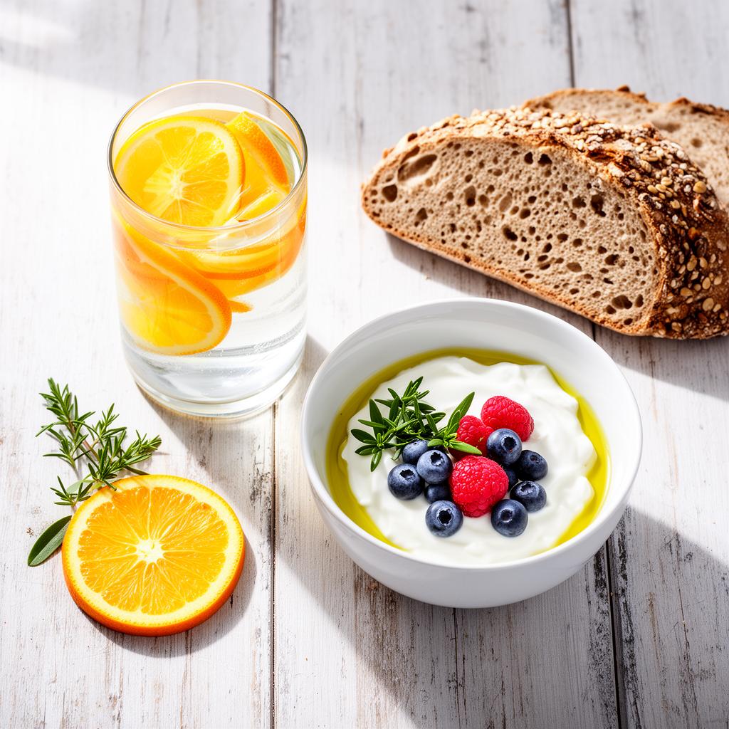 Mediterranean-inspired breakfast with citrus water, Greek yogurt with berries, and whole grain bread